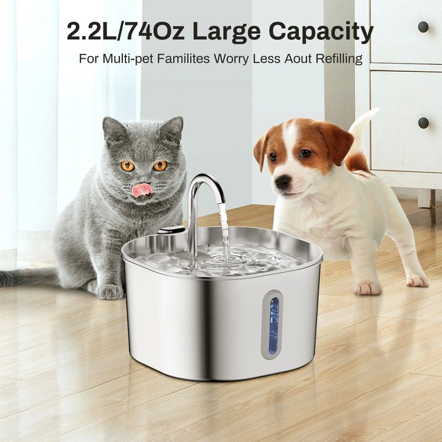 2.2L 자동 고양이 분수 스테인레스 스틸 애완 동물 워터 디스펜서 자동 워터 펌프 순환 필터링 시각적 창