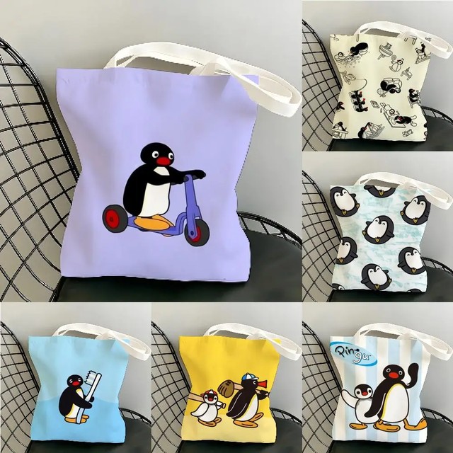 만화 귀여운 P-Pingu 보관 가방 캔버스 양면 인쇄 비치 가방 내구성이 뛰어난 경량 어깨 여행 가방 선물 에코
