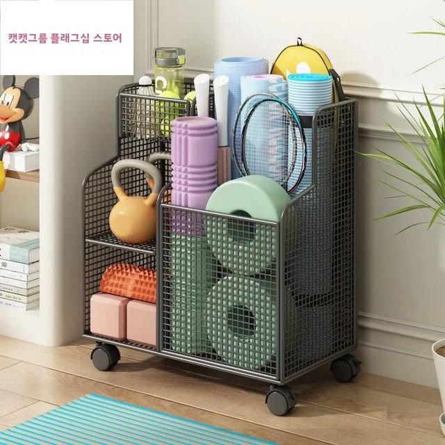 피트니스 장비 보관 랙 홈짐 요가 매트 보관 바구니 셔틀콕 보관 선반 바퀴 달린 고양이와 강아지 테마