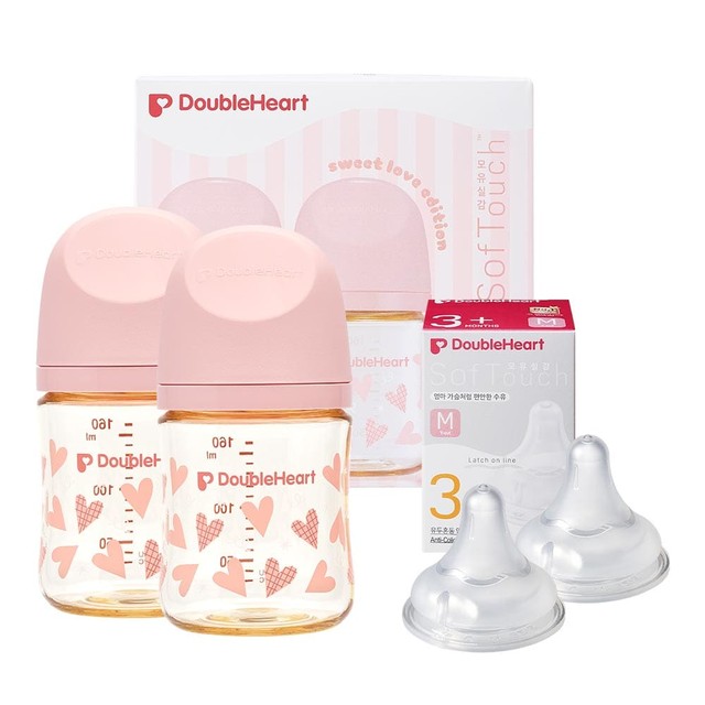 더블하트 모유실감3 스윗러브 160ml 트윈팩(젖병2개 노꼭지)+젖꼭지 2개