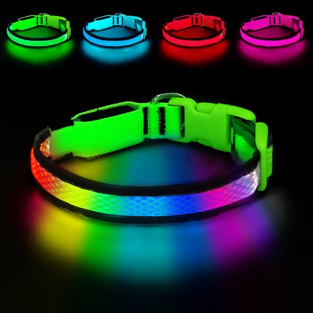 LED 강아지 목줄 USB 충전식 RGB 7색 발광 나일론 조절 가능 부드러운 야간 안전 목줄 (소형 중형견용)