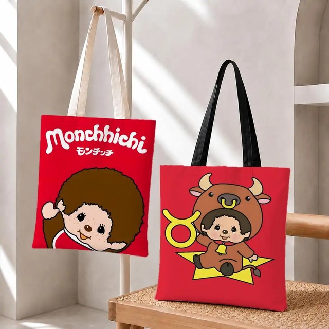 만화 M-Monchhichis 보관 가방 보관 가방 접이식 캔버스 토트 백, 여성용 재사용 가능한 패션 쇼핑백