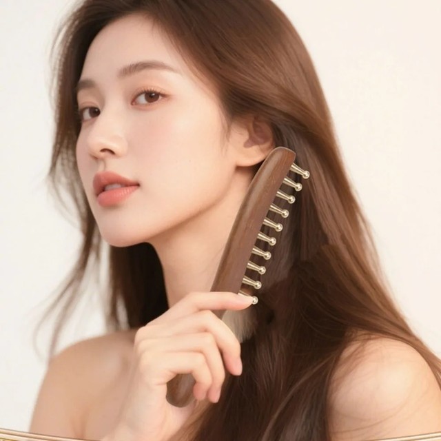 [해외] 두피 이완 도구 머리 경락 마사지 빗 구리 나무 경락 빗 긴 머리용 침술 괄사 두피 치료 경락 빗