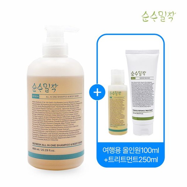 [보리보리] 보리보리 기타 순수밀착 개운한 올인원 샴푸&바디워시 600ml+여행용100ml+트리트먼트250ml