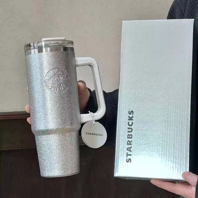 반짝이는 실버 글리터 스타벅스 대용량 보온컵 900ml, 휴대용 손잡이 빨대 텀블러, 일상용 흘림 방지 보틀