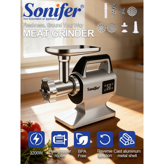 고기 분쇄기 Sonifer 3200W 전기 분쇄기 3개의 분쇄판 소시지 제조기 역회전 기능 주방 푸드 프로세서