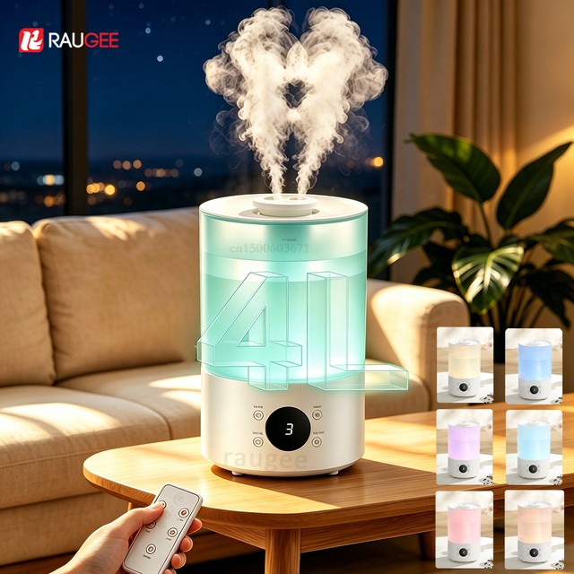 4L 대용량 가습기, 더블 노즐, 리모컨, 7 LED 조명 포함 가정용 가습기