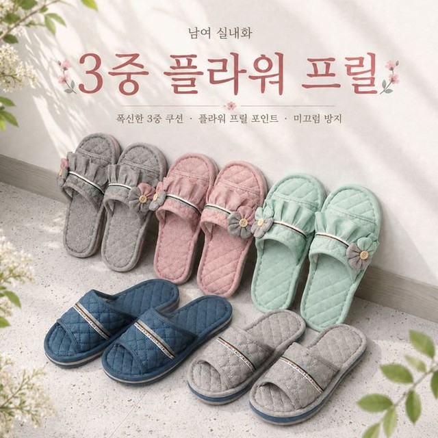 모든고 사계절 누빔 면 실내화 남녀 2종 퀼트 3중쿠션 층간소음방지 거실슬리퍼
