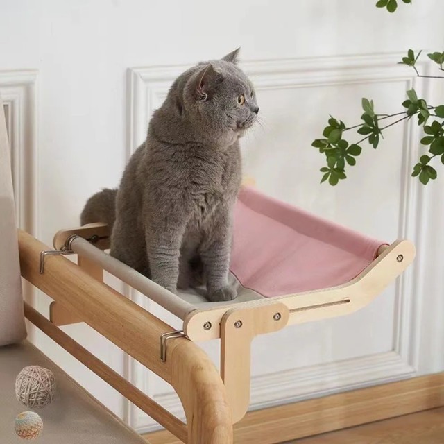 고양이 창문 퍼치, 실내 고양이를 위한 튼튼한 나무 해먹 창문 침대 | 창턱, 침대 옆, 바닥용 3-in-1 변형 가능한 고양이 침대