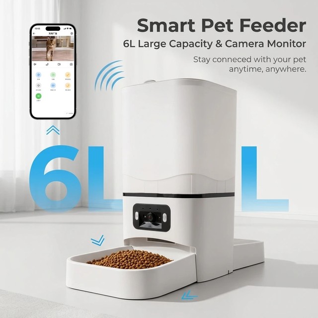 6L 대용량 고양이 스마트 펫 피더 Wi-Fi 및 카메라 제어 피더 200만 화소 자동 강아지 및 고양이 사료 디스펜서