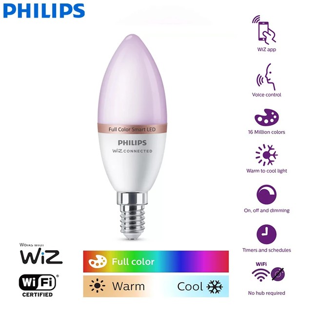 필립스 스마트 LED 4.9W E14 캔들 라이트 WiZ Wi-Fi & 블루투스 전구 220-240V 1600만 풀 컬러 무광 디밍 가능 램프