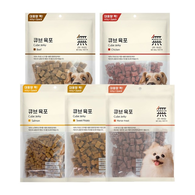 바우와우 5개set 무마진 강아지간식 영양가득 큐브 육포 800g 소고기 연어 치킨 말고기 고구마