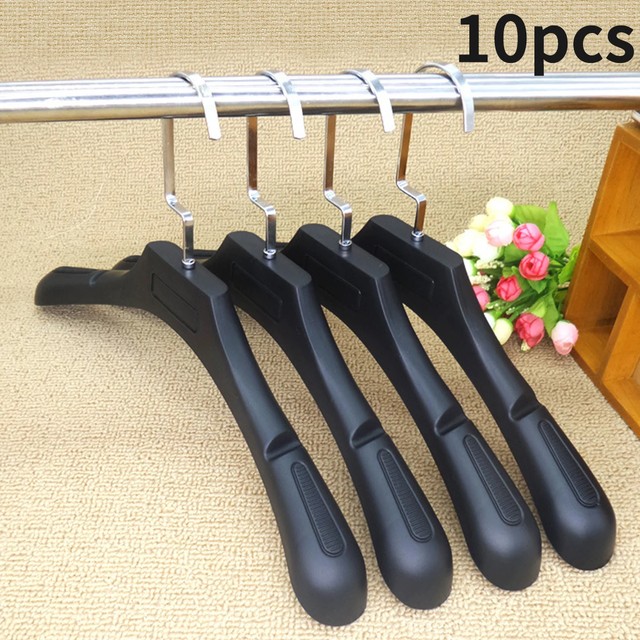 10개입 블랙 와이드 숄더 논슬립 옷걸이, 플랫 훅 플라스틱 코트 옷걸이, 어깨 부분이 뭉치지 않는 옷장 정리용 옷걸이 (슈트 자켓용)