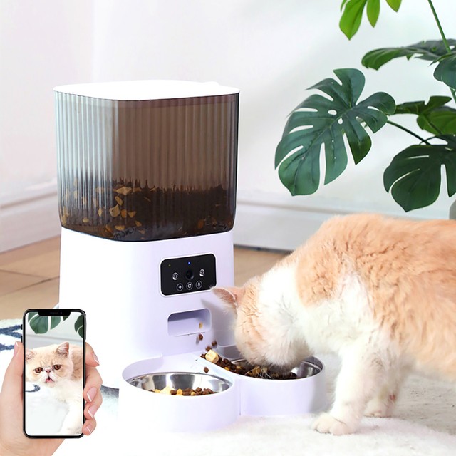 5L 대용량 스마트 자동 급식기 (카메라 내장) 고양이 강아지 사료 비디오 디스펜서, 반려동물 스마트 음성 녹음 기능 자동 급식기