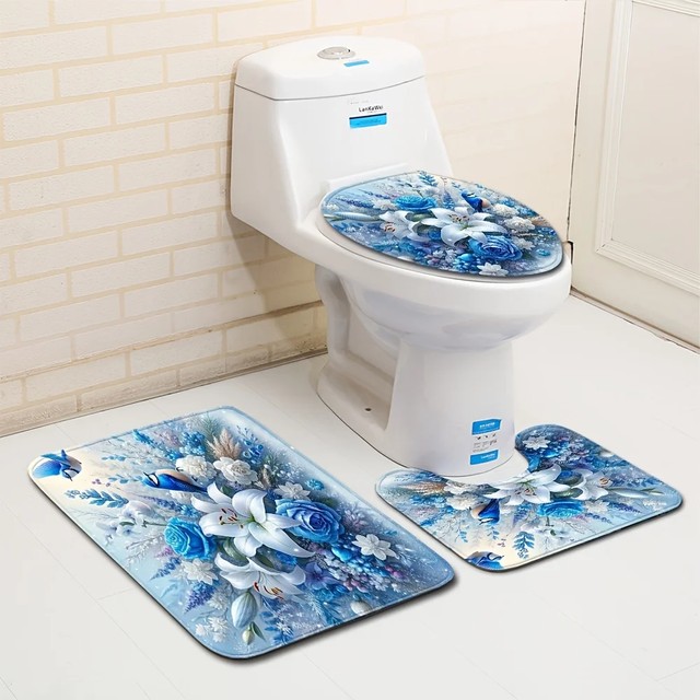3pc 로터스 블루 로즈 버드 패턴, 폴리에스테르 원단, 기계 세탁 가능, U자형 매트, 욕실 매트, 변기 커버 매트