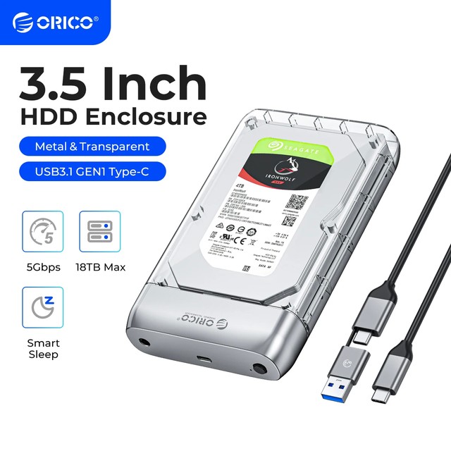ORICO 투명 C 타입 하드 드라이브 인클로저, 금속 HDD 케이스 지지대, PC 노트북 노트북용 자동 절전 모드, 3.5 인치, 5Gbps