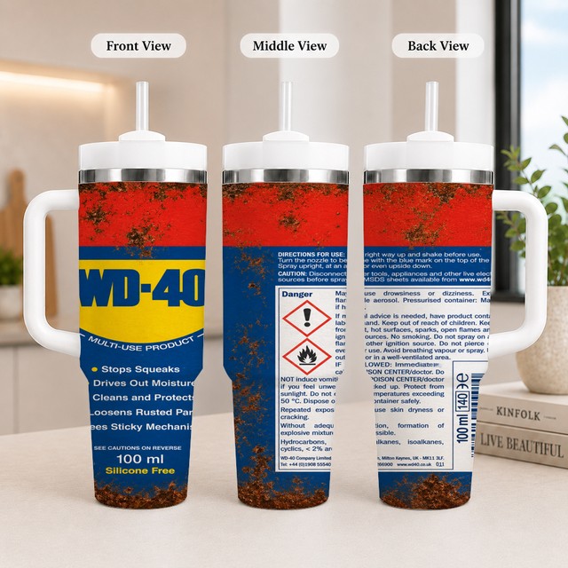 WD-40 테마 진공 보온병 40oz 누수 방지 스틸 텀블러 (뚜껑, 빨대, 손잡이 포함) 냉온 음료용