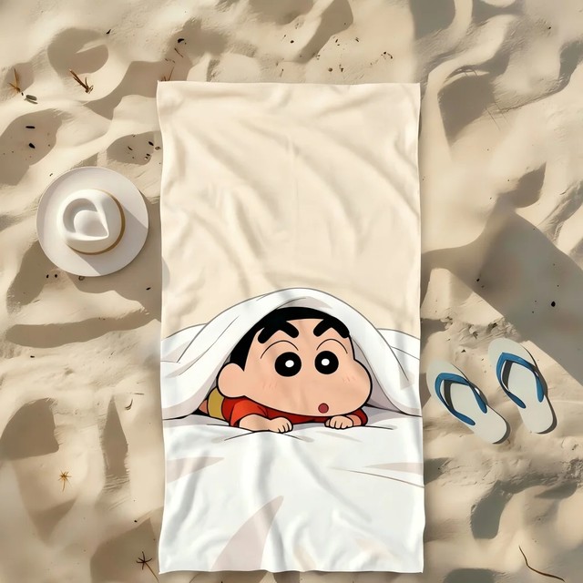 크레용신짱 마이크로화이버 비치 타월 피킹 카툰 크림 배경 프린트 빠른 건조 모래 방지 키즈 풀 목욕 여행 선물