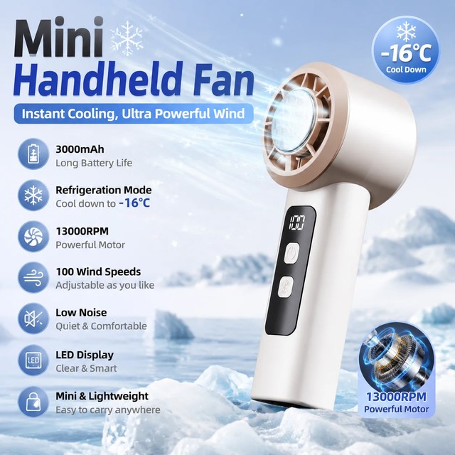 냉동 모드 LED 디스플레이가 장착된 미니 휴대용 팬 3000mAh 오래 지속되는 13000RPM -16 ℃ 저소음 휴대용 여름 냉풍기