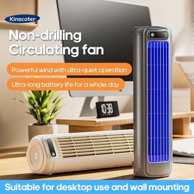 Kinscoter 휴대용 공기 순환기 2000mAh 데스크탑 미니 충전식 팬 월 비드릴링 사일런트 타워 팬 3 속도 조절 가능 Portable Air Circulator 2000mAh Desktop Mini Rechargeable Fan Wall Non-drilling Silent Tower Fan 3 Speeds Adjustable