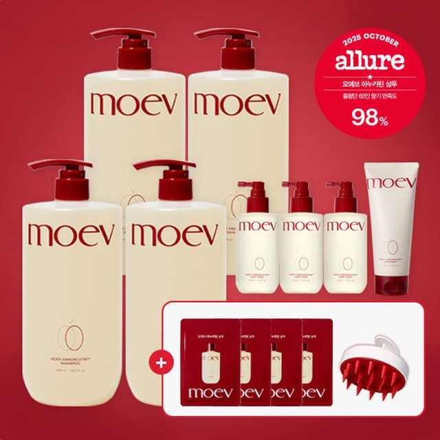 [MOEV] 모에브 아누카틴 탈모샴푸 더블구성_4통(각 1080ml)+헤어토닉 3통(각 150ml)+트리트먼트 1통(200g)+[체험분]샴푸사쉐 4개(각 8ml) + 두피마사지브러쉬 1개