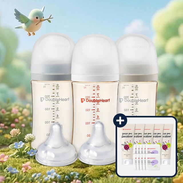 더블하트 모유실감 모먼트 240ml 트리플팩 세트(젖병3+젖꼭지2) + 수딩젤4개 + 선크림2개