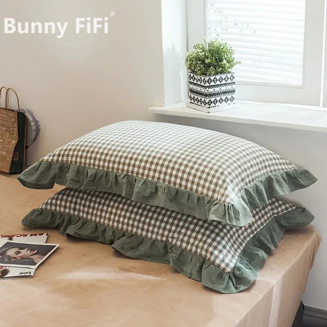 2pcs 48x74cm 씻어 면화 베개 커버 홈 침구 슈퍼 부드러운 격자 무늬 베개 커버 프릴 베개 케이스 기숙사 소녀 방 장식