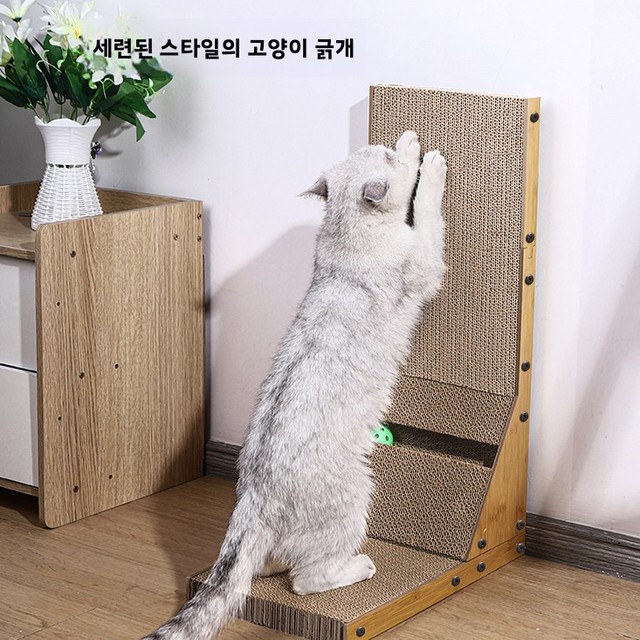 대형 L자형 고양이 스크래칭 보드, 수직 골판지 일체형 고양이 침대, 내마모성, 털빠짐 없는 고양이 장난감