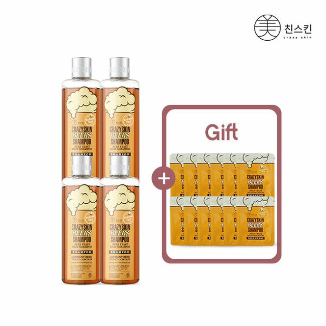 미친스킨 맥주효모 탈모 샴푸 300g 4개(+ 여행용 파우치 12매)