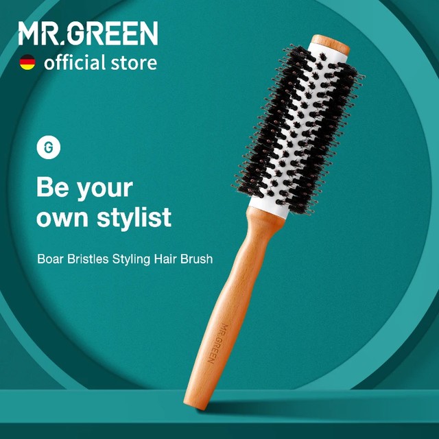 [해외] MR.GREEN 멧돼지 강모 헤어 브러시 라운드 스타일링 컬링 롤 헤어 브러시 긴 곱슬 또는 모든 유형을위한 천연 나무 Detangling 빗