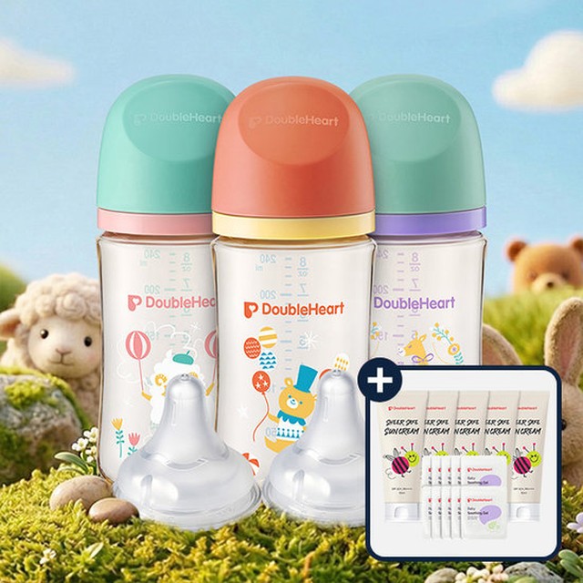 더블하트 모유실감 디어프렌즈 240ml 트리플팩세트(젖병3개+젖꼭지2입) + 수딩젤4개 + 선크림2개