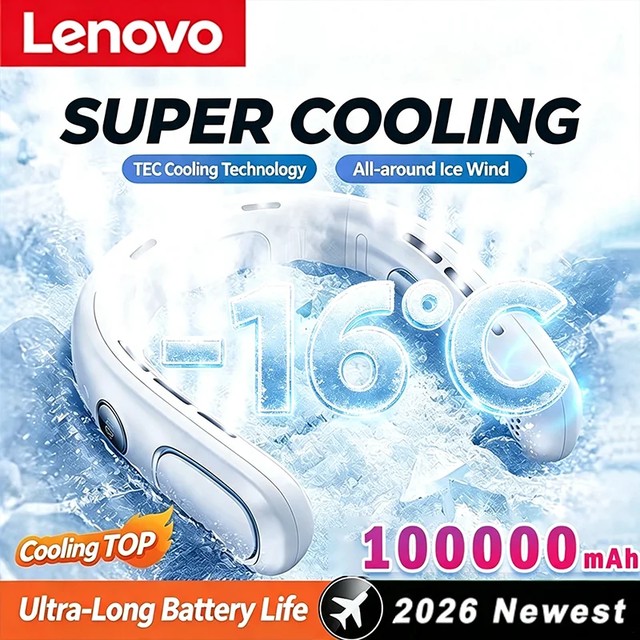 레노버 HOT 100000mAh 넥밴드형 날개 없는 선풍기 휴대용 미니 USB 충전식 무소음 LED 디지털 디스플레이 전기 선풍기 에어쿨러