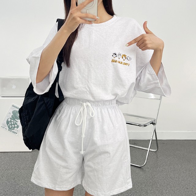 [보리보리] 불량소녀 헤어데이 자수 루즈핏 트레이닝 세트 여름 상하세트 추리닝 반팔 반바지 셋업 자수 꾸안꾸