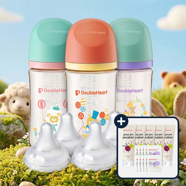 더블하트 모유실감 디어프렌즈 240ml 트리플팩세트(젖병3개+젖꼭지4입) + 수딩젤4개 + 선크림2개