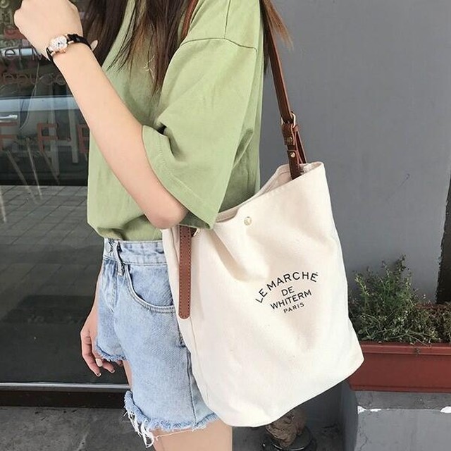 블카마켓 미니멀 배색 스트랩 레터링 에코백 캔버스 여자 가방
