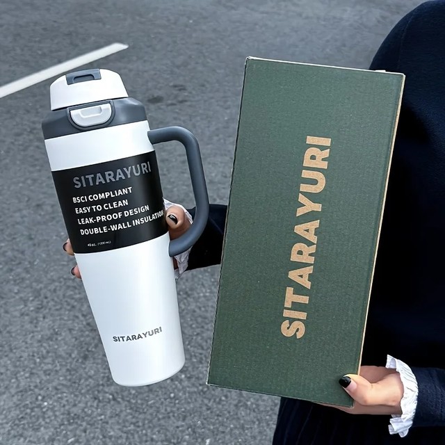 1.2L 음료 보온 텀블러, 스테인리스 스틸 손잡이 컵 플립탑 직접 마시기 및 빨대 머그 휴대용 야외 스포츠 물병