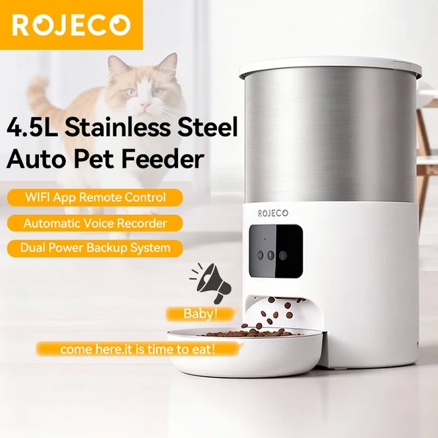ROJECO 자동 고양이 먹이통 스테인리스 애완동물 사료 디스펜서 스마트 음성 녹음기 WiFi 앱 원격 제어 먹이통 고양이 개용