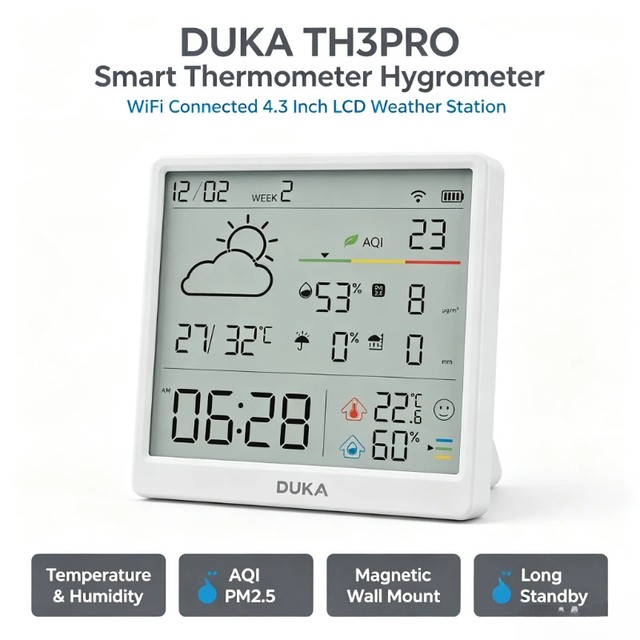 DUKA TH3PRO 스마트 온습도계 자기식 벽걸이형 스탠드 장시간 대기 LCD 디스플레이 가정용 실내 온도 습도 측정기