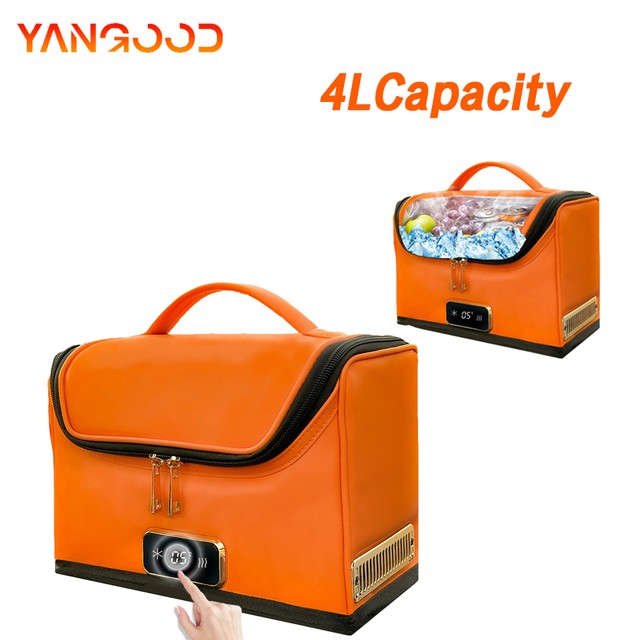 12V&amp;240V 오렌지색 차량용 냉장고 4L 미니 휴대용 쿨러 히터 냉장고 열 스마트 온도 표시 기능 차량 캠핑 RV용