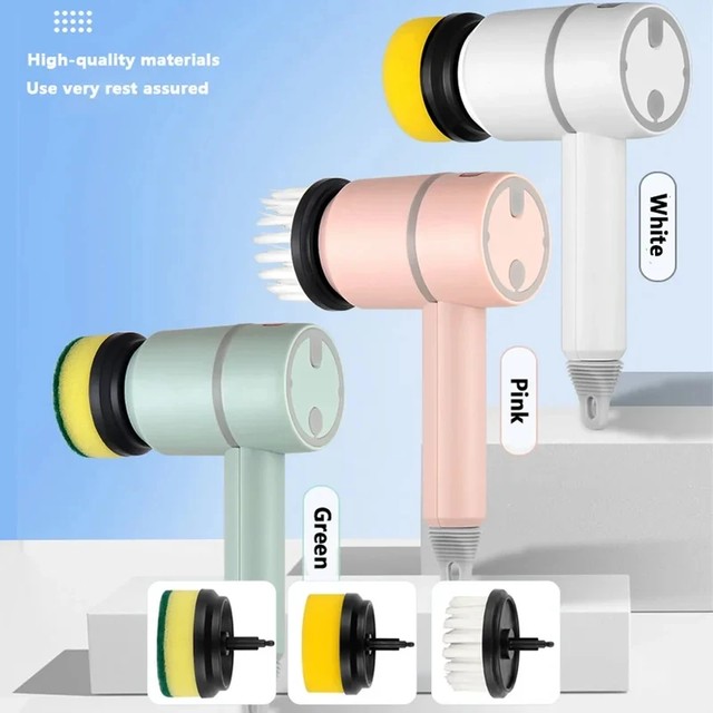 다기능 전동 청소 브러시, 긴 손잡이, 교체 가능한 브러시 헤드, USB 충전식, 아기 젖병, 접시, 욕조용 클리너