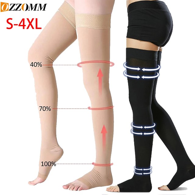 1 쌍 허벅지 높이 20-32 mmHg 압축 스타킹 실리콘 도트 밴드가있는 여성 및 남성 순환을위한 발가락없는 압축 양말