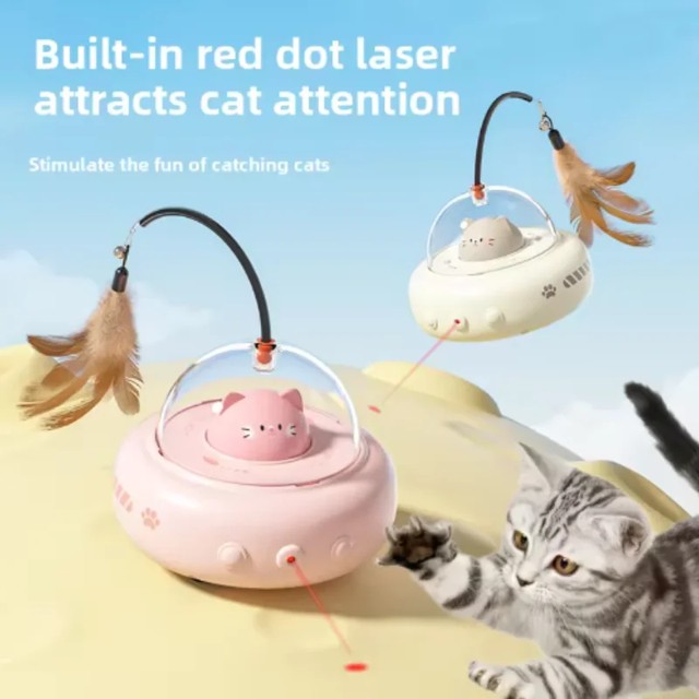 전기 UFO 스마트 티저 고양이 장난감 (벨 포함) - 반려동물 티저 스틱, 교체 가능한 깃털 디자인으로 훈련 및 상호작용에 적합