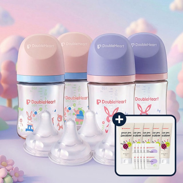 더블하트 모유실감 디어프렌즈 160ml 트윈더블세트(젖병4+젖꼭지4) 3종 택1 + 수딩젤4개 + 선크림2개