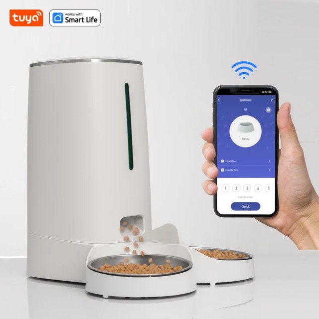 고양이 2마리용 WiFi 자동 고양이 급식기, APP 제어 기능이 있는 4L 고양이 사료 디스펜서, 이중 스테인레스 스틸 그릇, 낮은 음식 경보