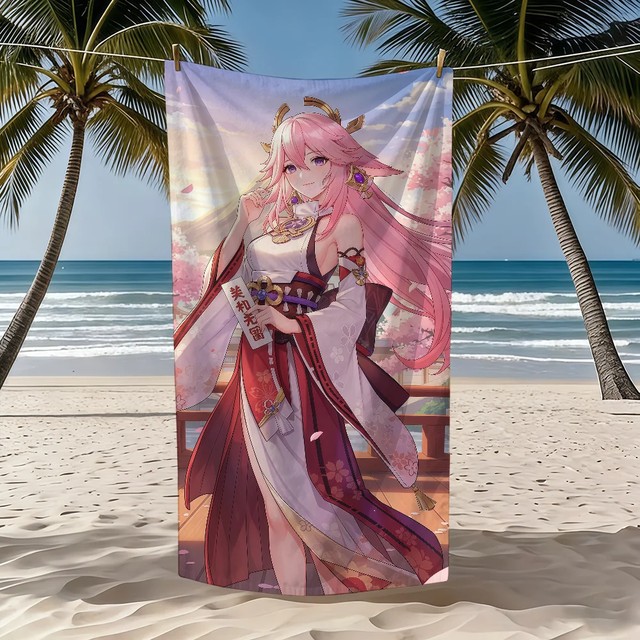 Y-Yae Miko Genshin 임팩트 타월 섬유 목욕 가운 해변 속건성 경량 휴대용 캠핑 수영장 여행