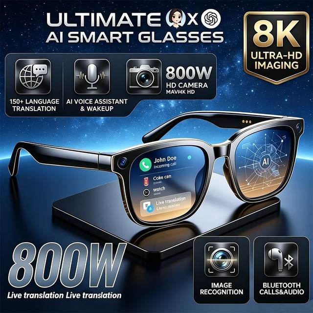 새로운 업그레이드 800W 픽셀 스마트 안경, 카메라 비디오 녹화, AI 사진 인식, 통화, 언어 번역, 음성 지원 선글라스