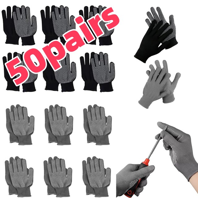 50쌍의 내구성 있는 미끄럼 방지 작업 장갑, 도트 그립 터치스크린 나일론 야외 사이클링 작업 피트니스 통기성 남녀 공용 장갑