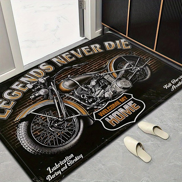 VIKAMA Legends Never Die 빈티지 오토바이 웰컴 도어매트, 바이커 차고 입구 러그, 미끄럼 방지 세탁 가능한 현관 매트