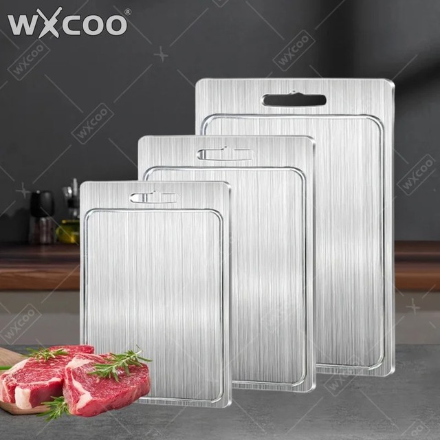 WXCOO 304 스테인리스 스틸 양면 도마 미끄럼 방지 식품 등급 절단용 도마, 주스 홈이 있는 주방용 도마