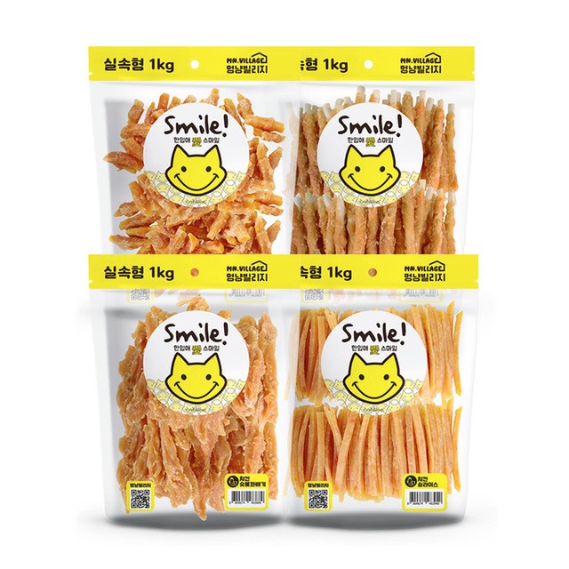 멍냥빌리지 스마일 대용량 강아지 간식 치킨 오리 고구마 사사미 육포 1kg 반려동물 음식